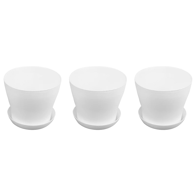 

3X Plastic Plant Flower Pot Planter With Saucer Tray Round Gloss Home Garden Decor, White Upper Caliber -, 17Cm / 6.69"