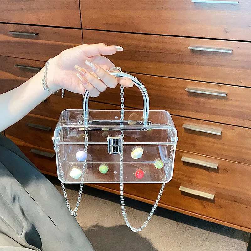 

Роскошная дизайнерская женская сумка из ПВХ с металлической ручкой и цепочкой, Повседневная прозрачная сумка через плечо, прозрачная сумка-тоут