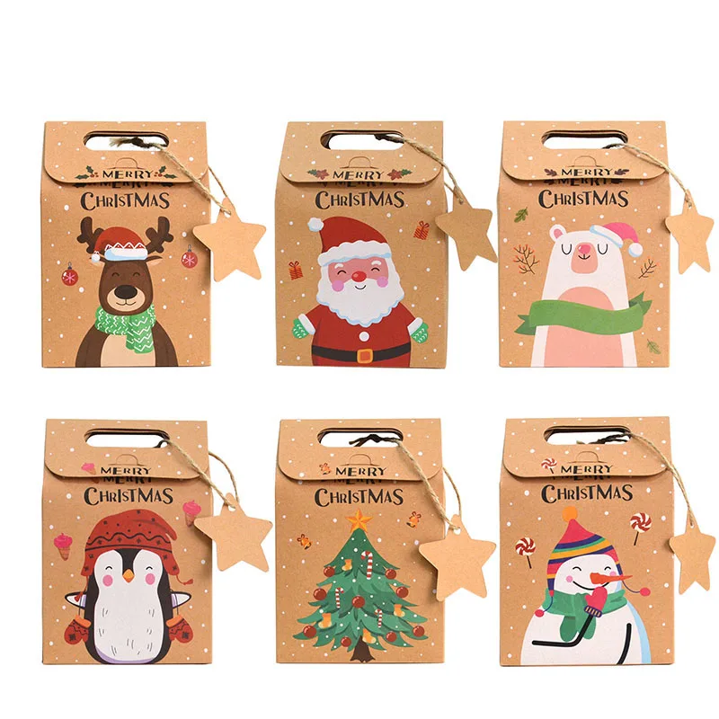 

24/48PCS Merry Christmas Kraft Paper Bags Portable Cookie Navidad Gift Packaging Bag New Year Guest Christmas Food Present Bag