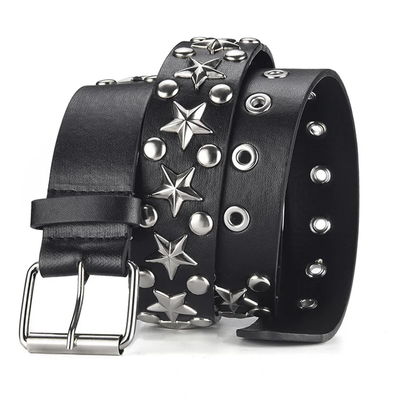 

NEW Star Eye Rivet Belt Goth Style Double Pin Buckle Man/woman Fashion Casual Puck Style Pu Leather Waistband for Jeans Young