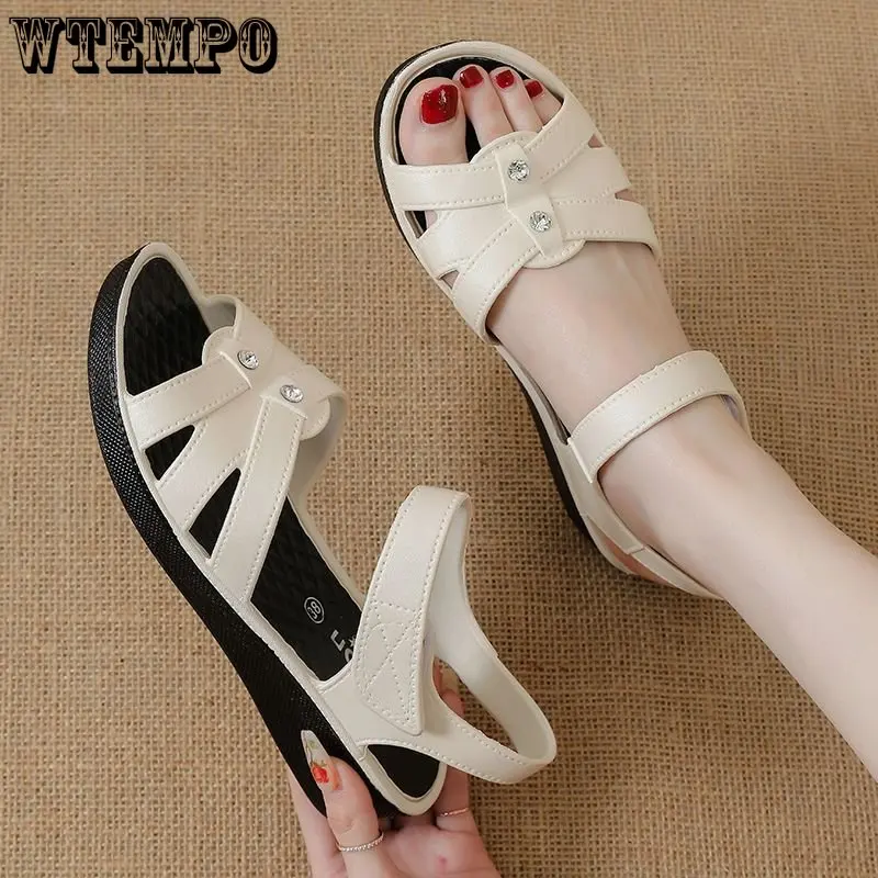 WTEMPO Summer Mother Leather Sandals Large Size Soft Soled Style Woman Sandals Casual Comfortable Grandmother Flat Sandals