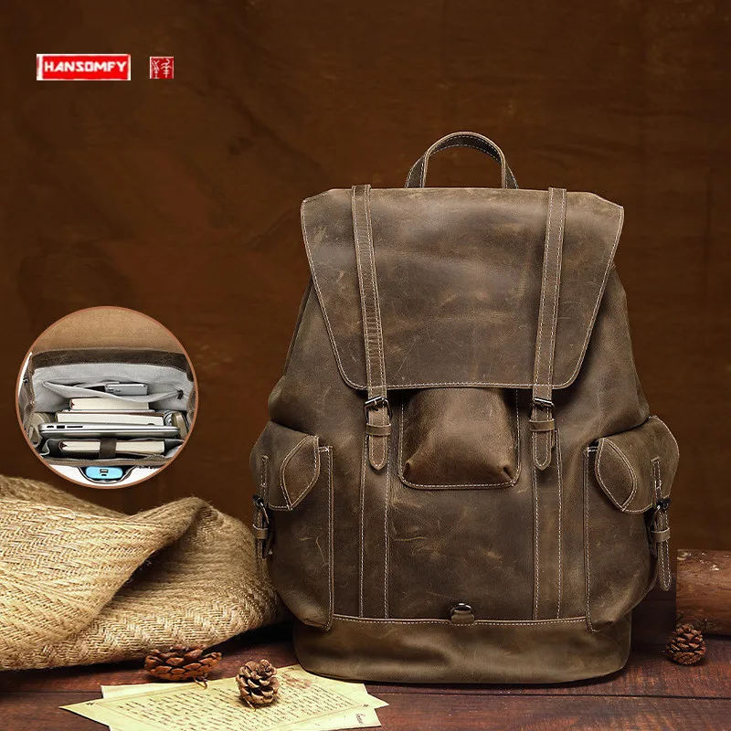 

Кожаный рюкзак для мужчин, в европейском и американском стиле ретро, дорожные сумки из кожи Крейзи Хорс, уличные школьные ранцы для отдыха