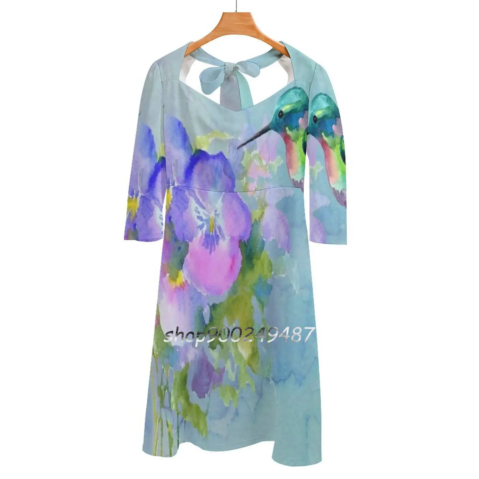 Hummingbird And Pansies Sweetheart Knot Flared Dress Fashion Design Large Size Loose Dress Hummingbird Bird Floral Flowers