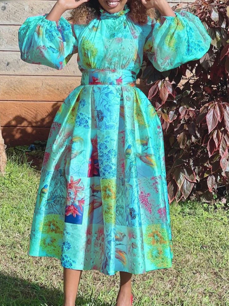 Holiday Plus Size Dresses Elegant Vintage Full Sleeve Print Swing Maxi Dress Summer Beach Night Party Robe Femme 2023 Vestidos