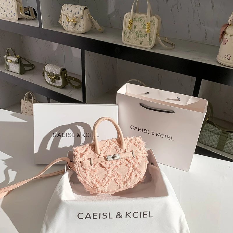 

Women's Summer Pink Tassel Half-Moon Bag Female Hand-held Fashion Canvas Handbag Lady Purse Shoulder Crossbody Messenger Bag