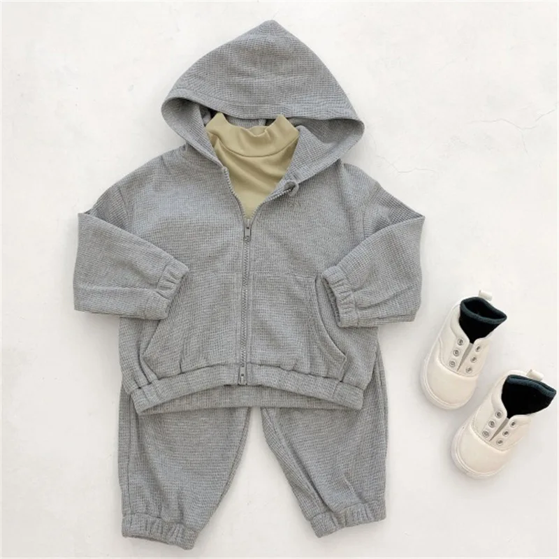 Spring Autumn Boys and Girls Solid color Waffle clothes sets zipper hooded coat and pants 2Pcs children set