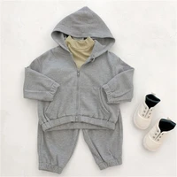spring autumn boys and girls solid color waffle clothes sets zipper hooded coat and pants 2pcs children set