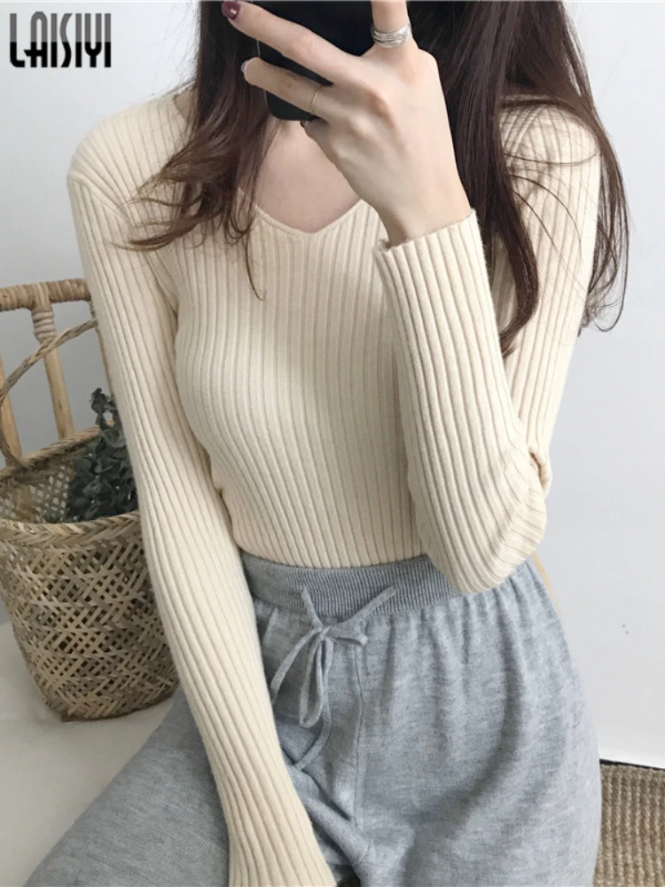 

Women's Sweater V Neck Pullover Solid Color Autumn Winter Tight Long Sleeve Knitted Bottoming Top Cheap Wholesale Women Clothes