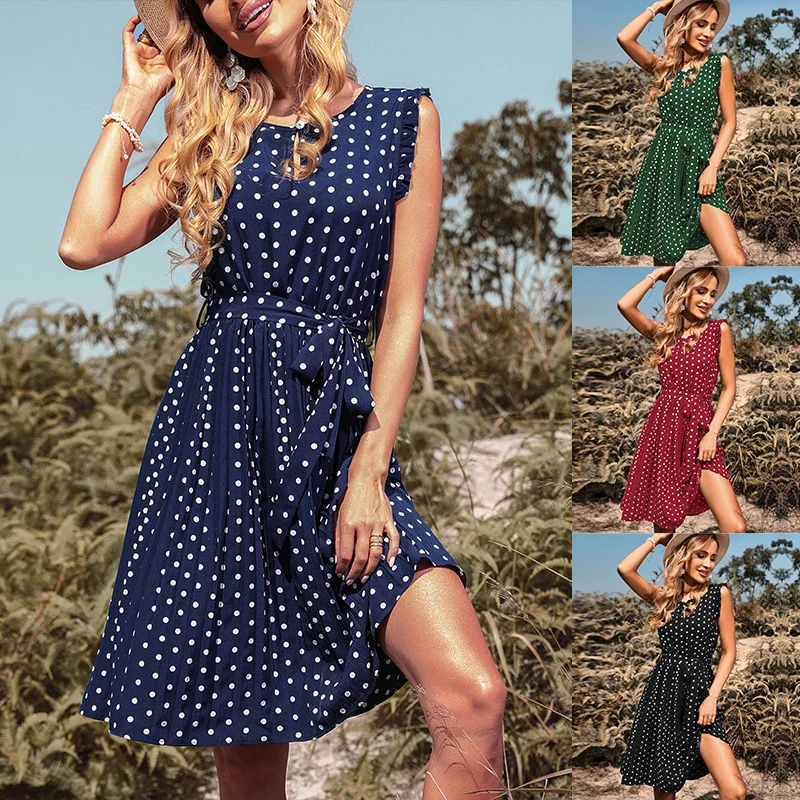 

2022 Summer Polka Dot Dress Women Sexy A-Line Mid Beach Sundress Button Casual Short Sleeve Pleated Party Dresses