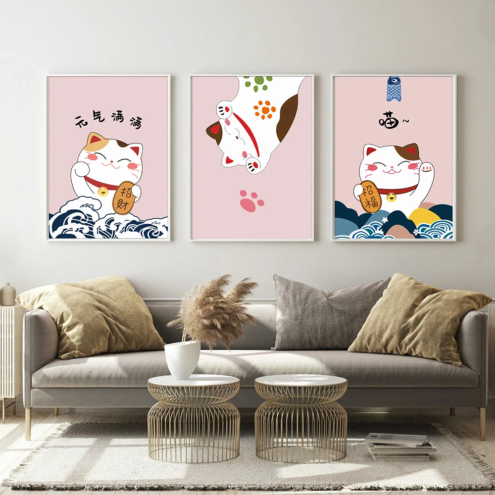 

Digital Oil Painting Modern Cute Animal Modern Animal Pink White Lucky Cat Painting Living Room Home Decor Handpainted Wall Gift