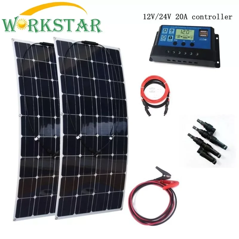 

2pcs 100W Solar Panels with 20A Solar Controller with Quick Connection Cables 200W House-use Solar Power System