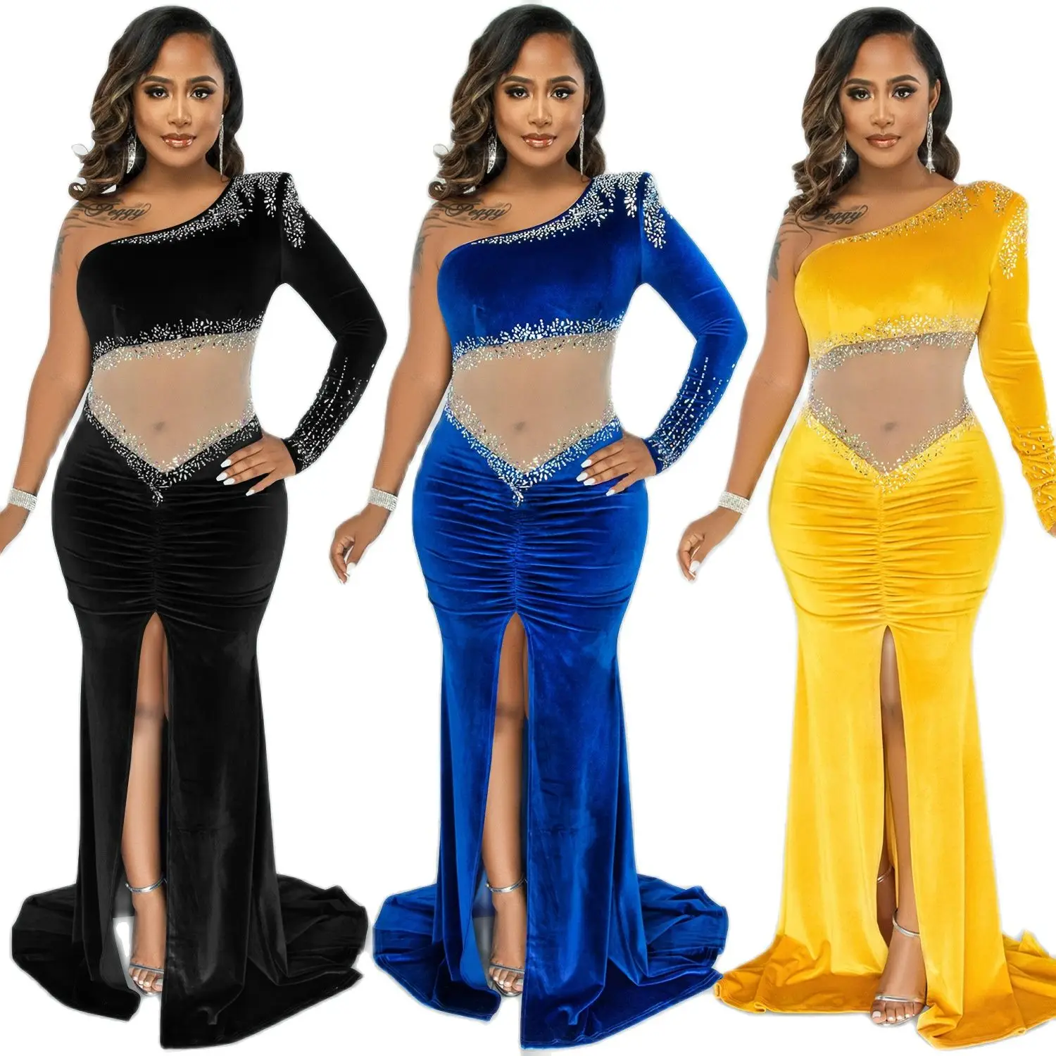 

Royal Velvet Press Drill Mesh See-Through Ruffle Collar One-Shoulder Split Dress Women'S Sexy Rhinestone Slim Fit Long Skirt