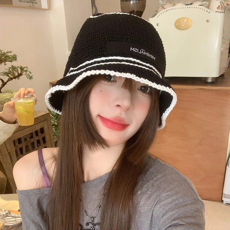 

Korean Knitted Hollow Bucket Hats for Women Spring and Autumn Fashion Black and White Color Matching Show Face Small Men's Caps