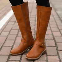 plus size womens high boots winter pu leather round toe womens long boots square heel zipper flat bottom womens high boots