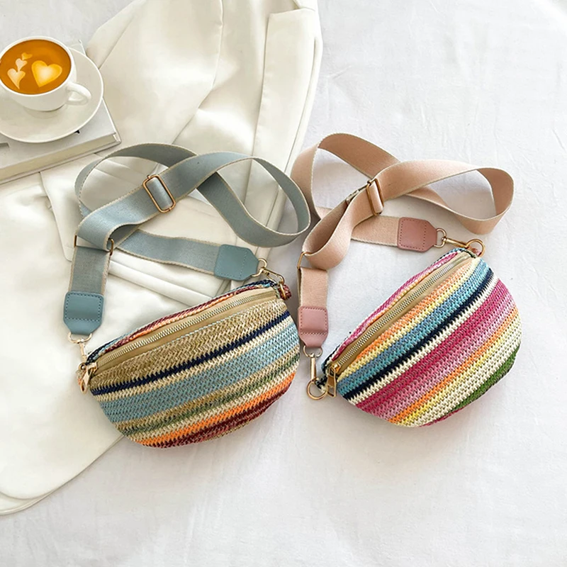 

New Summer Wide Shoulder Strap Striped Woven Straw Bag Vacation Travel Ladies Chest Bag Waist Bag Casual Messenger Bag