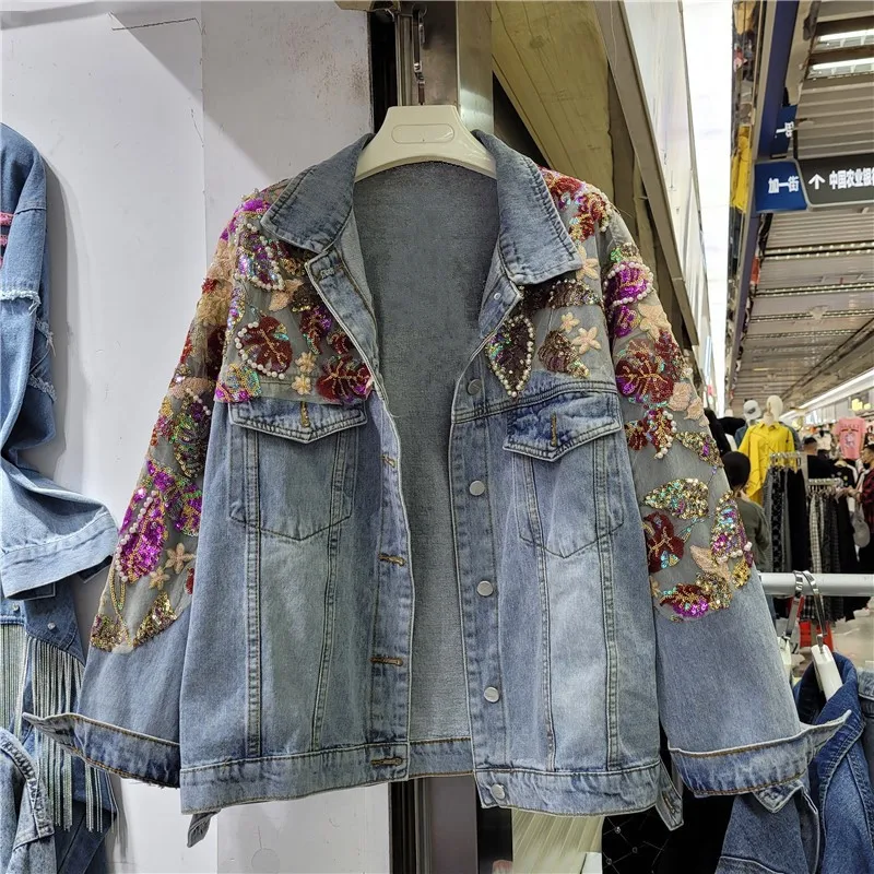 

Multicolor Sequins Beading Splicing Mesh Denim Jackets Women Loose Short Big Pocket Cowboy Outerwear Casual Jeans Jacket Female