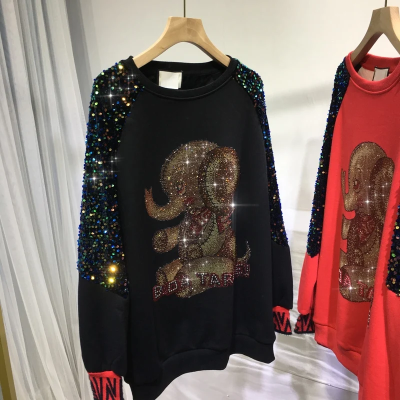 Blingbling Hot Drilling Autumn Winter Pullover Hoodie Top Thicken Velvet Mid-length Sequins Patchwork Long Sleeve Sweatshirt