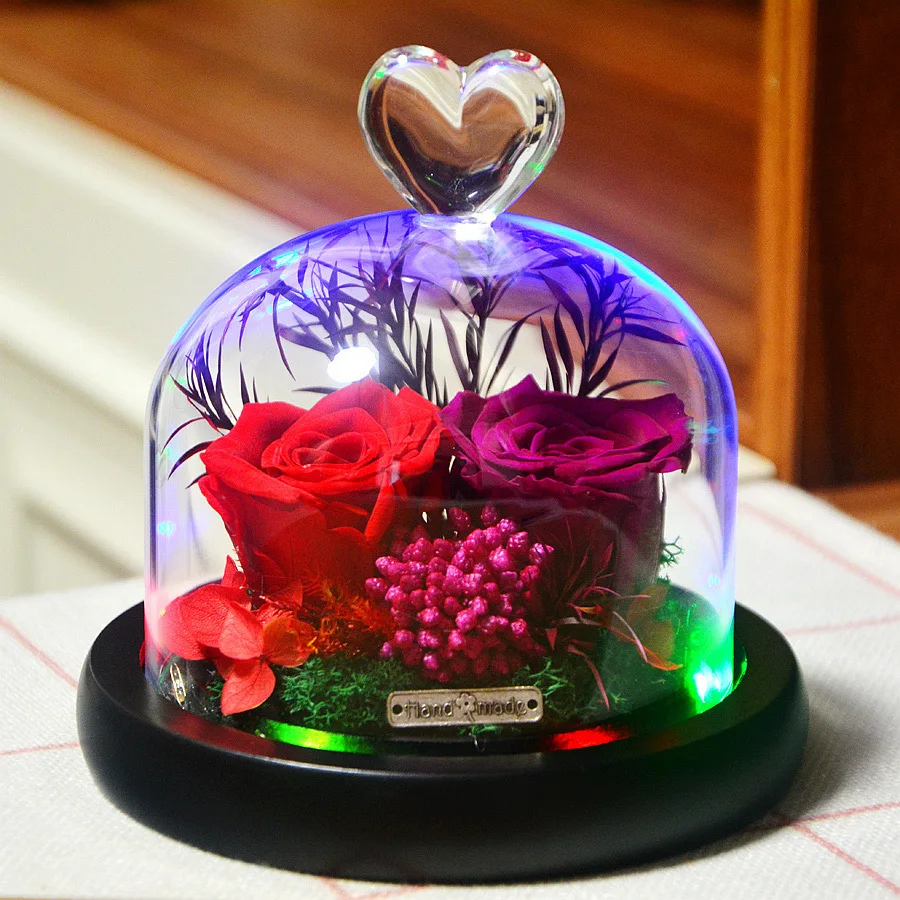 

Love Glass Cover LED Immortality Flower Gift Box Rose Creative Simulation Flower Luminous Handicraft Desktop Decoration Gift