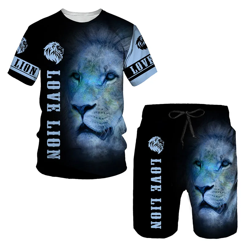 Leisure Lion Pattern Printing Men's T Shirt Loose O-neck Short Sleeve Tops Casual Comfortable Shorts 2 Piece Outfit Men Clothin