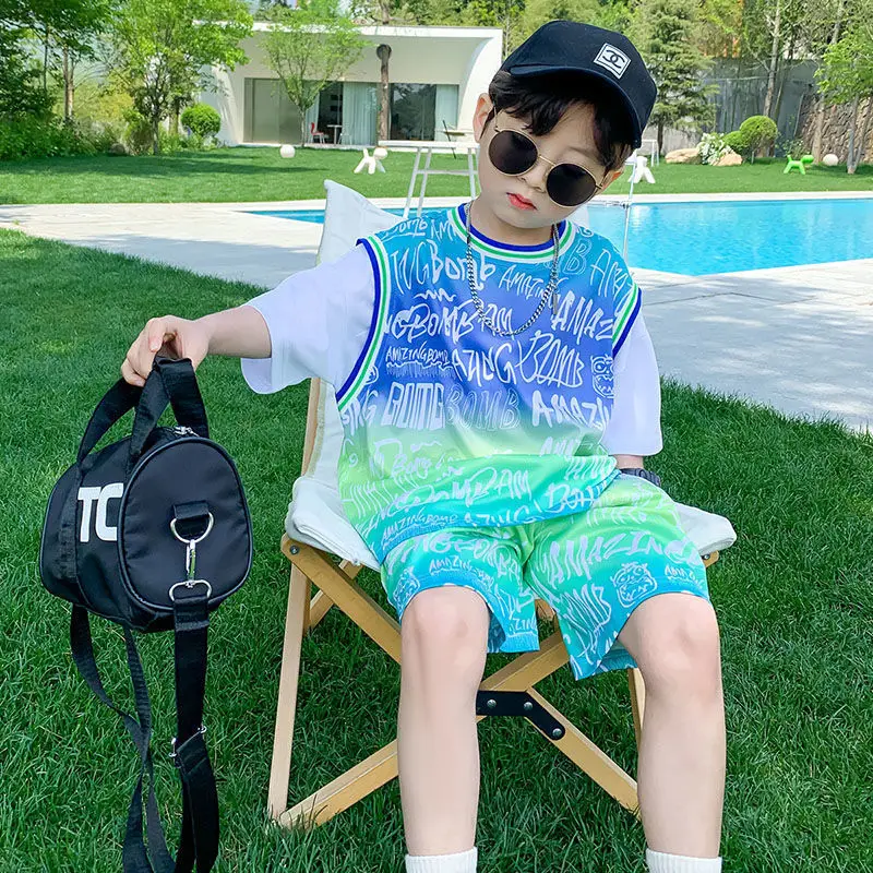 Children's Clothing Boys' Sports Short Sleeve Suit Summer Clothes Cool Handsome Medium and Large Children Basketball Wear