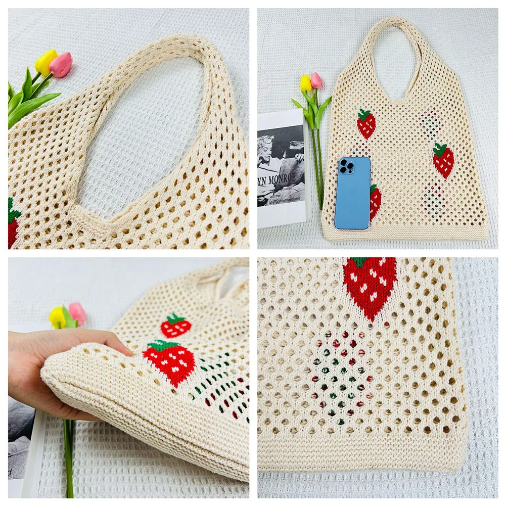 Женская большая вместительная сумка стильная вязаная крючком летняя клетчатая