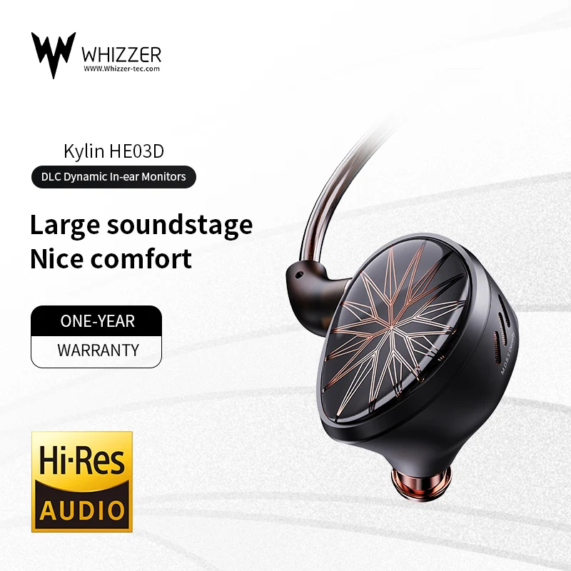 Whizzer Kylin HE03D DLC Dynamic In-ear Monitors Earphones HiFi Audio iem with Bass Sound, Detachable 0.78 2Pin Standard Cable