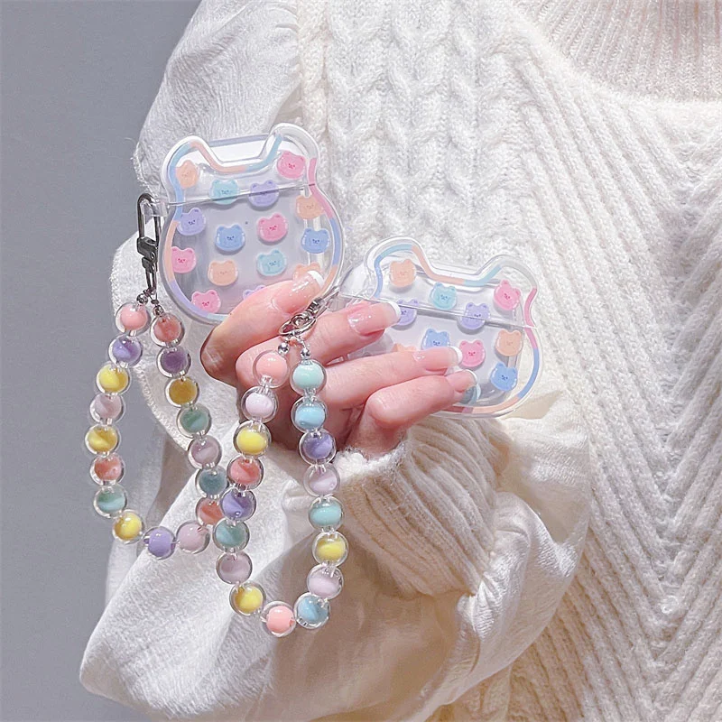 

INS Korea Cute 3D Bear Head With Coloful Round Bead Bracelet Earphone Case For Airpods 1 2 3 Pro Clear Protective Soft Cover