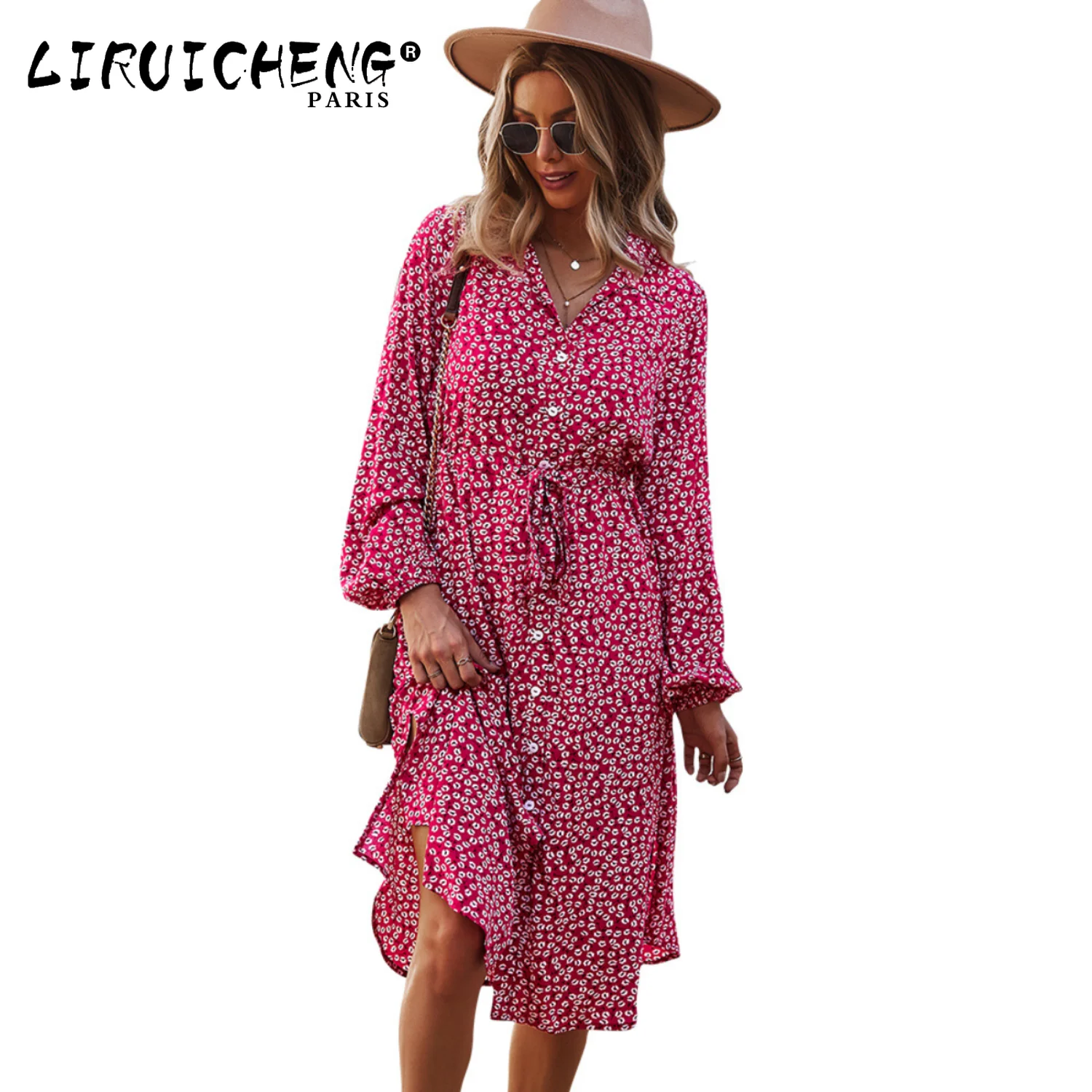 

2023 Women's Wear Fashion Print Dress Fall/Winter Explosions Belt A-line Dress
