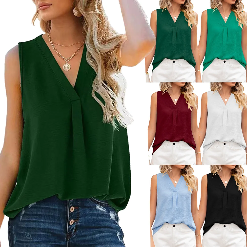 

2023 Summer New Arrival Women's Chiffon Tank Tops, Loose Sleeveless Blouse with V-neck