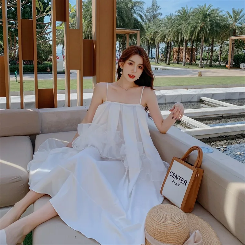 

Women's White Summer Long Suspender Skirt A-line Large Swing Dress