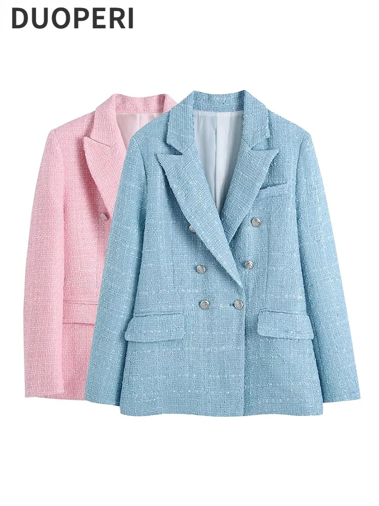 

DUOPERI женские модные текстурные однотонные двубортные блейзеры с длинным рукавом с отложным воротником с карманами женские шикарные женски...