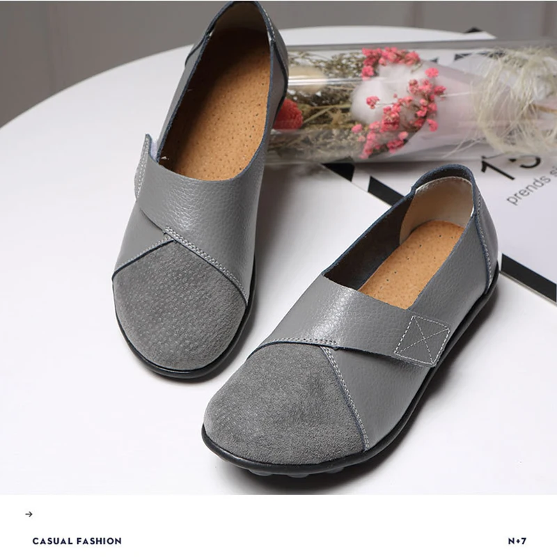 

Gray Woman's Flats Shoes Women Soft Genuine Leather Casual Shoes Big Size 35-44 Mocassin Boat Shoes for Women Hook Loop de mujer