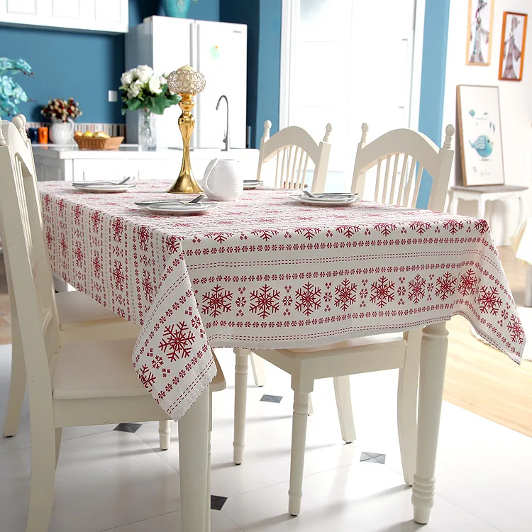 

Christmas Tablecloth Red Snowflake New Year's Tablecloth on the Table Cotton Printing Rectangular Tablecloths Track Festive Home