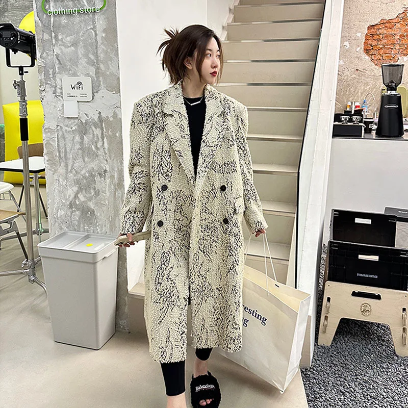 

Осенне-зимнее модное женское шерстяное пальто средней длины с принтом, Повседневная двубортная теплая женская верхняя одежда с воротником и длинным рукавом