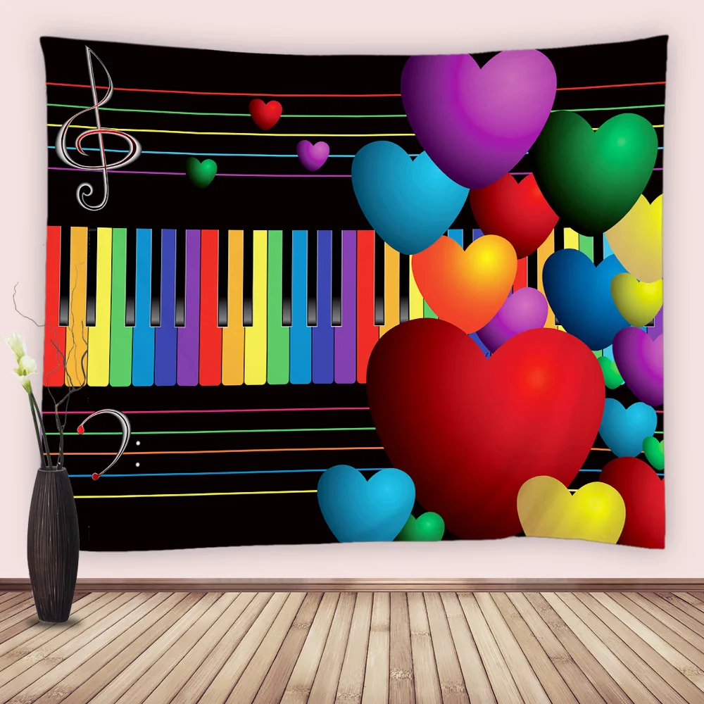 

Music Piano Keys Tapestry Colorful Love Heart Wall Hanging Fabric Note Modern Tapestries Home Decor for Dorm Bedroom Living Room