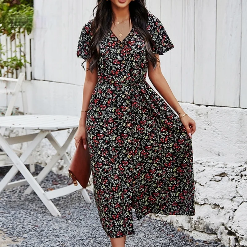 

2021 Spring Short Sleeve V Neck Summer Midi Dress with Belt Women Cottagecore Dress Floral Print Boho Beach Retro Dresses Ladies