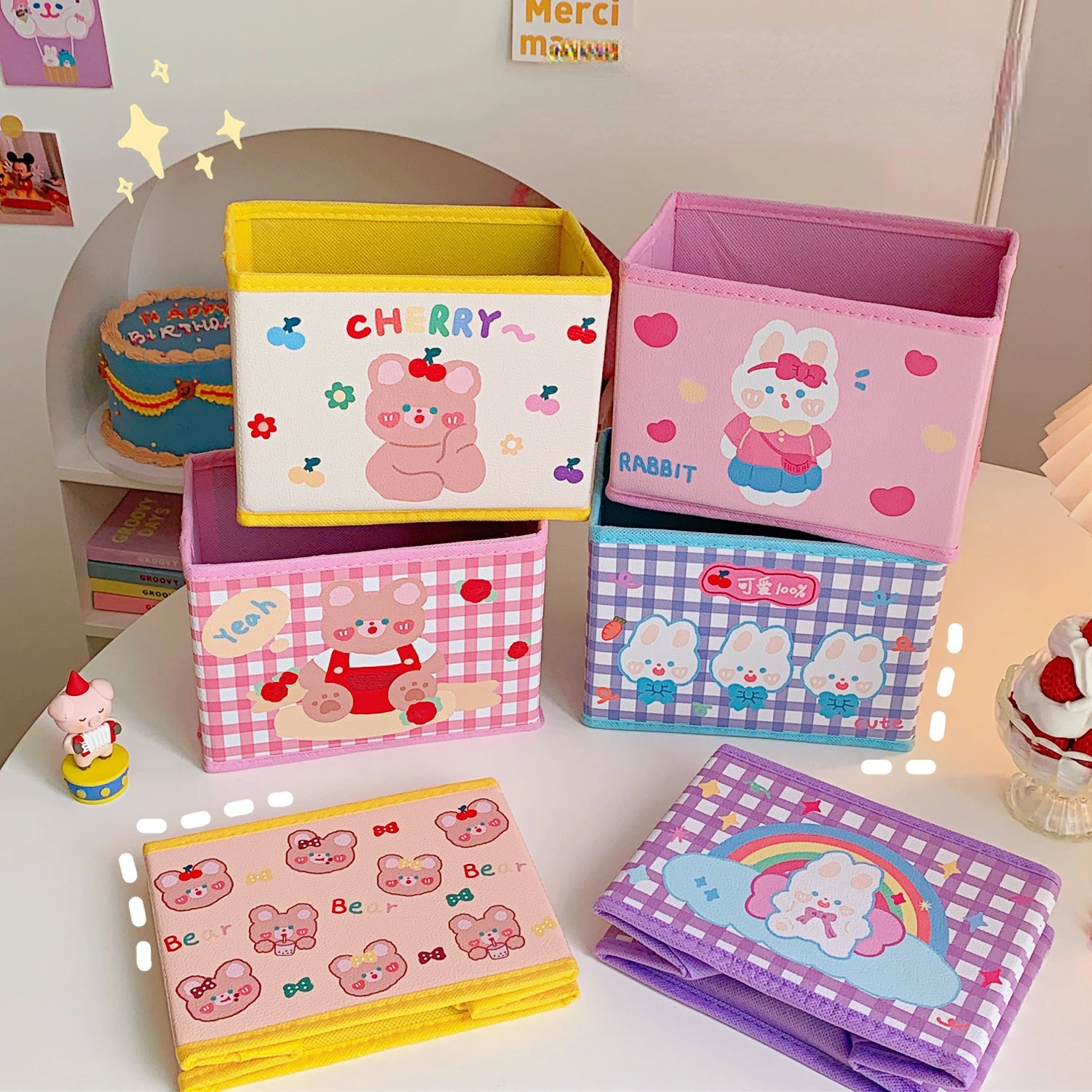 Foldable Student Dormitory Desktop Storage Box Girl Heart Korea Sundries Sorting Cute PU Leather Cartoon Storage Box