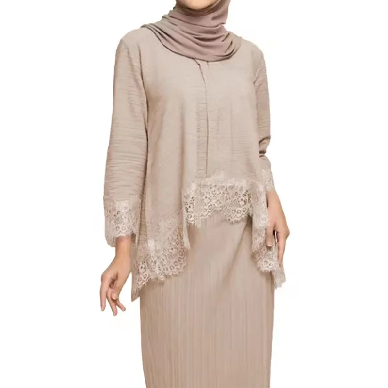 2 шт. Абая мусульманские женщины кружевные плиссированные топы макси-юбка