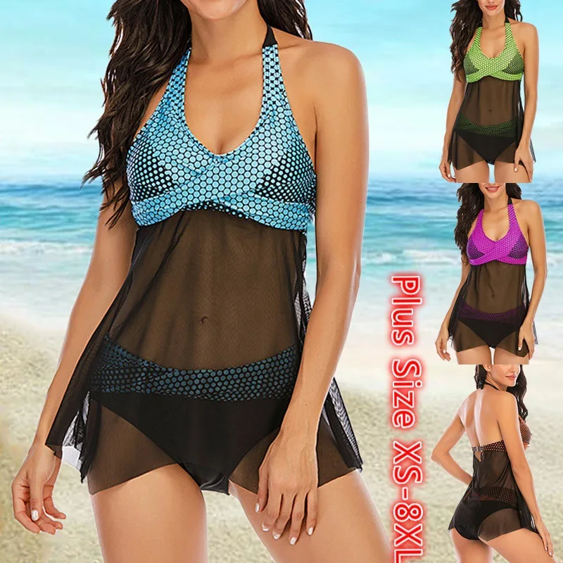 2021 Sexy Swimwear Summer Women Plus Size Tankini Sets Stripe Print Backless Halter Two Pieces Swimsuit Beachwear Swimdress Sets