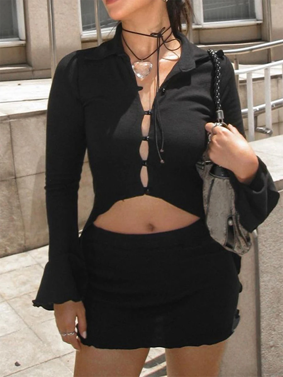 

Женский комплект из 2 предметов с юбкой, Топ с длинным рукавом на пуговицах и облегающая мини-юбка с заниженной талией, Клубная одежда, уличная одежда, летняя одежда