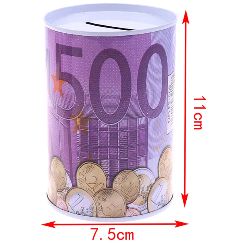 

1PC Creative Tinplate Cylinder Piggy Bank Euro Dollar Picture Box Household Saving Money Box Home Decoration Money Boxes