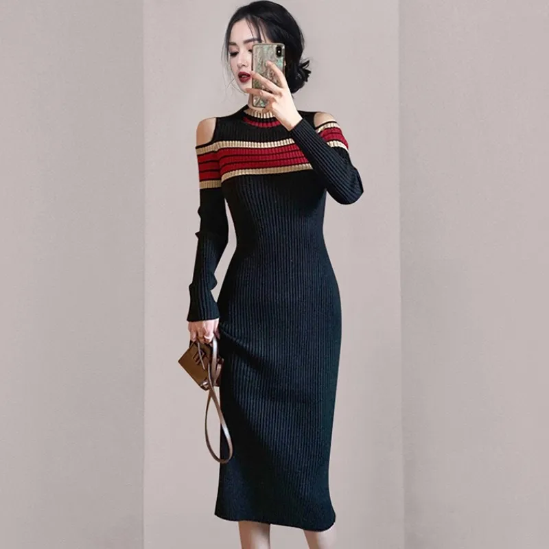 

High-quality Shoulder Hollow Long Sleeve Stripe Knitted Dress Vintage Elegant O-Neck Sexy Side Split Mid-length Sweater Dress