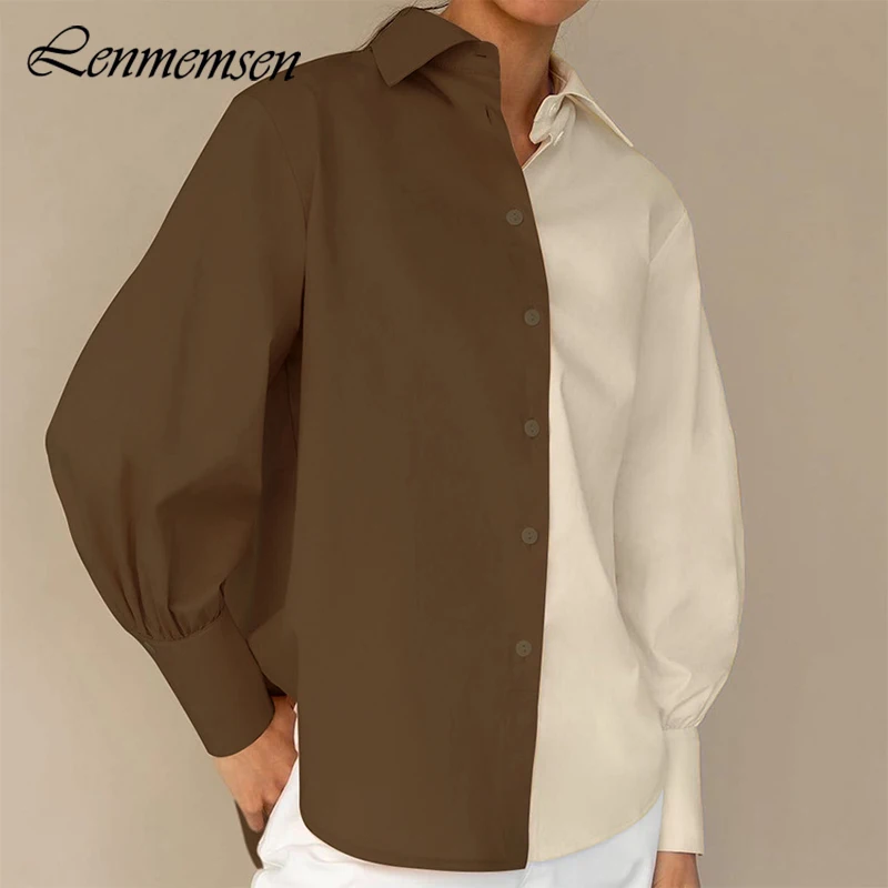 

Lenmemsen Summer Trendy Patchwork Blouse Women Simple Loose Lapel Long Sleeve Shirt Female Casual Single Breasted Shirt Top Girl