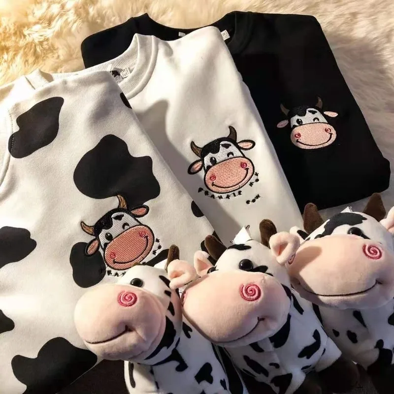 

Kawaii Cow Print Sweatshirt Women Japanese Harajuku Cute Milk Embroidered Long Sleeve Hoodie Sweatshirt 2021 Fashion Korean