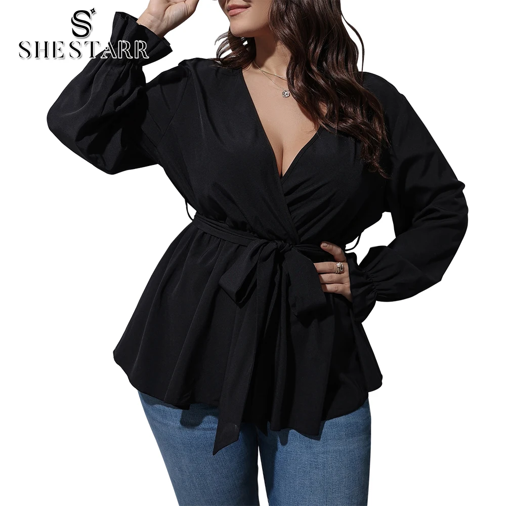 

SHESTARR Plus Size Blouse Women Top Elegant Feminine V Neck Lace-up Long Sleeve Tshirts 2022 Tunic Tops Plus Size Women Clothing