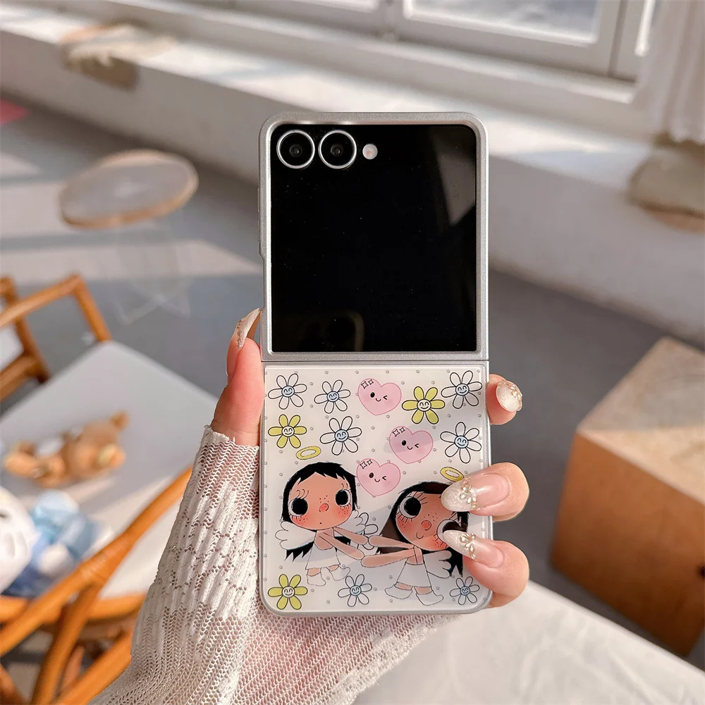 Фото Милый корейский чехол с цветами и мультяшной девочкой для Samsung Galaxy Z Flip7 7 FE Flip 7 6 5 Flip 5 6, противоударный, кавайный №2