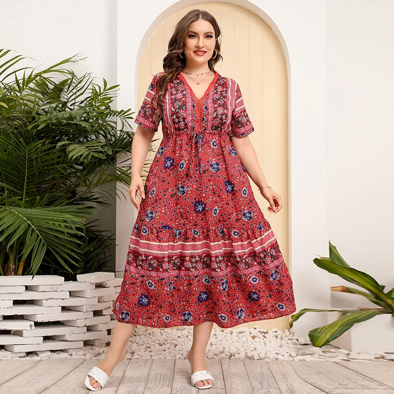 

Plus Size Vintage Floral Long Dress for Women Print V-Neck Halter Maxi Boho Lace Female Beach Dresses