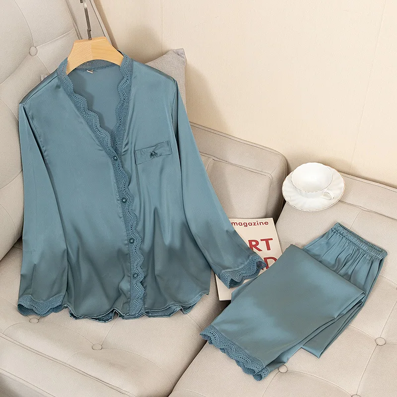 

Пижамный комплект, атласная пикантная Женская одежда для сна из 2 предметов, шелковая пижама, одежда для дома, однотонная одежда для сна, новый весенний халат, рубашка и брюки