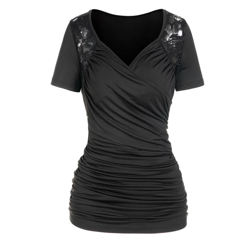 

Pure Black Lace Panel Tops For Women Summer Daily Surplice Ruched Sweetheart Neck Short Sleeve Casual Tee