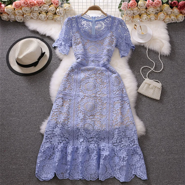 Runway Embroidery Dress Summer Solid Lace High Waist Woman Dresses for Women Elegant Luxury Party Boho Long Sleeve A-Line 2022